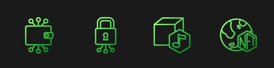 Set line NFT Digital crypto art, Cryptocurrency wallet, Cyber security and Illustrazione stock