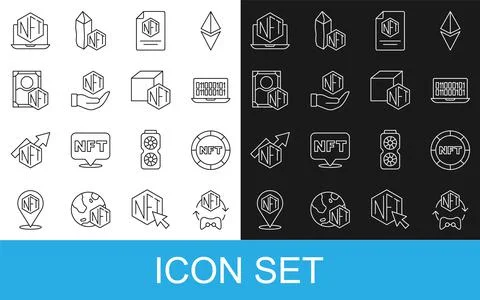 Set line NFT Digital crypto art, Binary code, contract, Laptop with store app Illustrazione stock