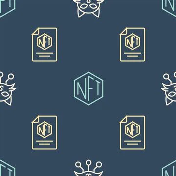Set line NFT Digital crypto art, contract and on seamless pattern. Vector Stock Illustration
