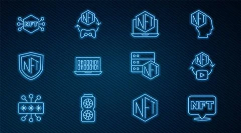 Set line NFT Digital crypto art, Laptop with store app, Binary code, shield,  Stock Illustration