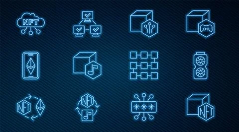 Set line NFT Digital crypto art, Video graphic card, Ethereum ETH, cloud, blo Ilustración de archivo