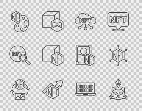 Set line NFT Digital crypto art, cloud, growth bar chart, Binary code and blo Stock Illustration