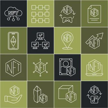Set line NFT Digital crypto art, Laptop with store app, growth bar chart, blo Stock Illustration
