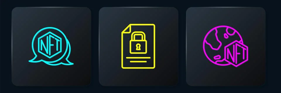 Set line NFT Digital crypto art,  and Document and lock. Black square button. Stock Illustration