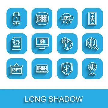 Set line NFT Digital crypto art, Binary code, Cyber security, shield, Monitor Stock Illustration
