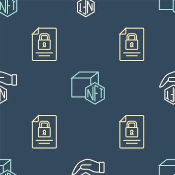 Set line NFT Digital crypto art, Document and lock and  on seamless pattern.  Stock Illustration