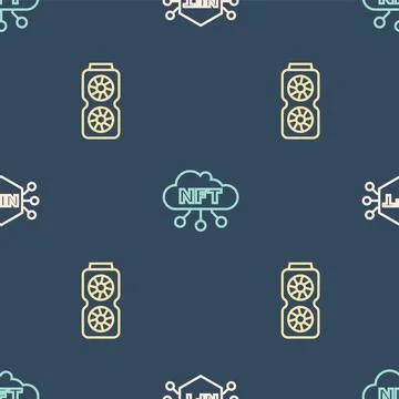 Set line NFT Digital crypto art, Video graphic card and cloud on seamless pat Ilustração Stock