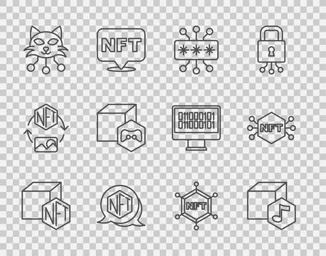 Set line NFT Digital crypto art, Cyber security, blockchain technology and  i Illustrazione stock