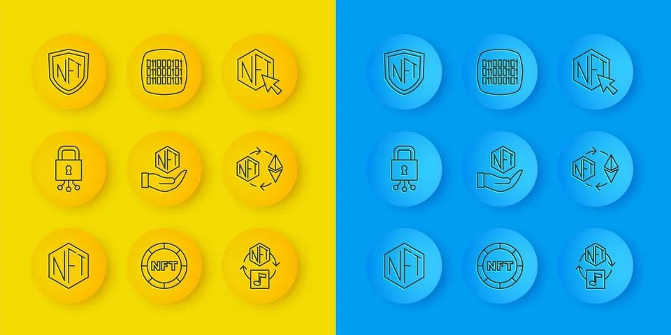 Set line NFT Digital crypto art, Cyber security, Ethereum exchange, shield,   Ilustração Stock