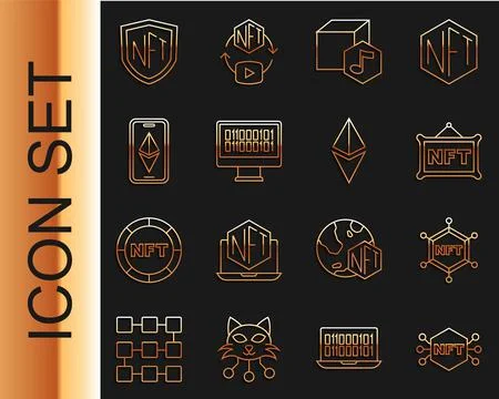 Set line NFT Digital crypto art, blockchain technology, Binary code, Ethereum Stock Illustration