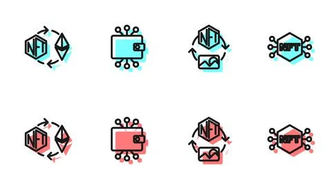 Set line NFT Digital crypto art, Ethereum exchange, Cryptocurrency wallet and Stock Illustration