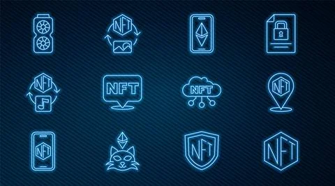 Set line NFT Digital crypto art, Ethereum ETH, Video graphic card, cloud and  Ilustración de archivo
