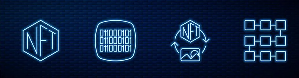 Set line NFT Digital crypto art, Binary code and blockchain technology. Glowing イラスト素材