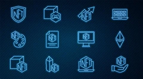 Set line NFT Digital crypto art, Ethereum ETH, growth bar chart, contract Stock Illustration