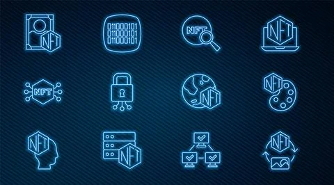 Set line NFT Digital crypto art, Search, Cyber security, and Binary code icon Stock Illustration