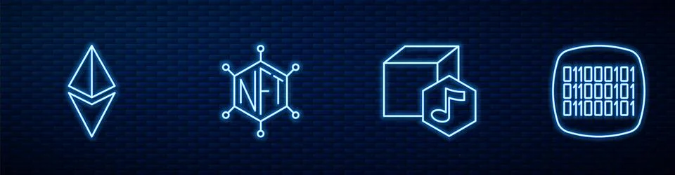 Set line NFT Digital crypto art, Ethereum ETH, blockchain technology and Binary Illustrazione stock