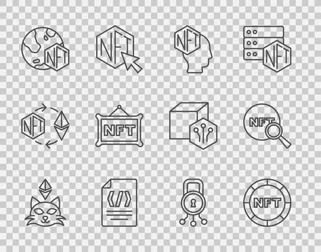 Set line NFT Digital crypto art, Binary code, Cyber security and Search icon Stock Illustration