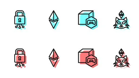 Set line NFT Digital crypto art, Cyber security, Ethereum ETH and icon. Vector Ilustración de archivo