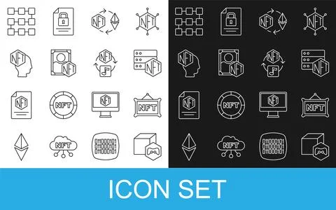 Set line NFT Digital crypto art, blockchain technology, Ethereum exchange, and Ilustração Stock