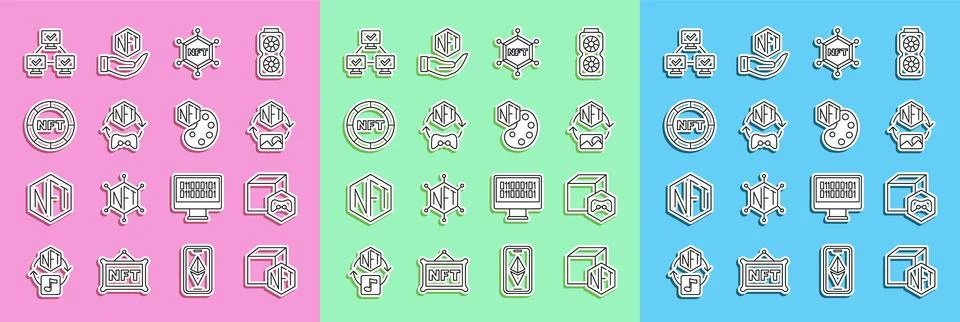 Set line NFT Digital crypto art, blockchain technology, and icon. Vector Stock Illustration