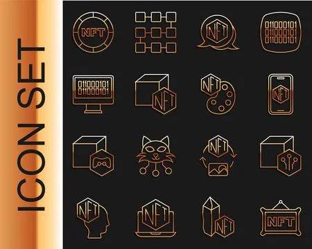 Set line NFT Digital crypto art, Mobile with store app, Binary code, and icon Stock Illustration
