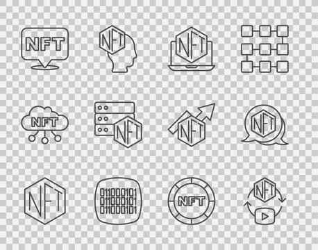Set line NFT Digital crypto art, Laptop with store app, Binary code, blockchain Stock Illustration