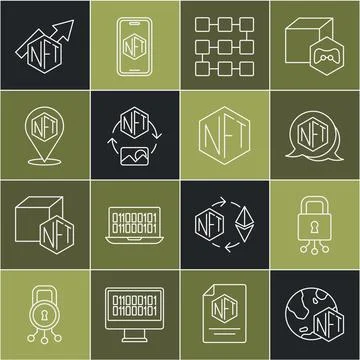 Set line NFT Digital crypto art, Cyber security, blockchain technology, growth Illustration