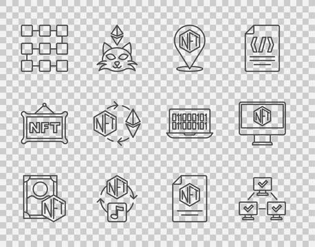 Set line NFT Digital crypto art, blockchain technology, Ethereum exchange Stock Illustration