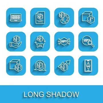 Set line NFT Digital crypto art, Binary code, growth bar chart, Ethereum ETH Stock Illustration