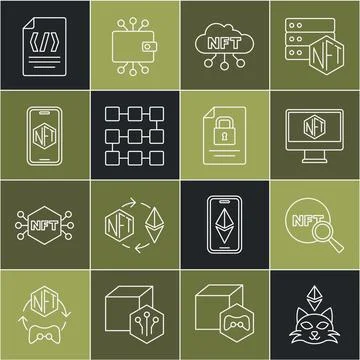 Set line NFT Digital crypto art, Search, Monitor with store app, cloud Stock Illustration
