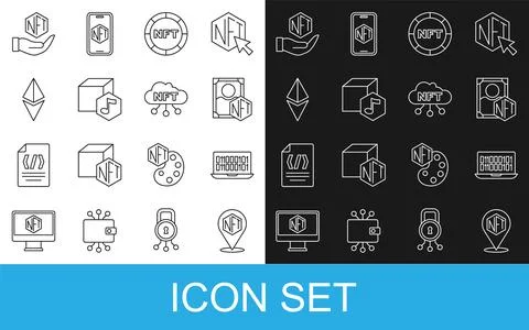 Set line NFT Digital crypto art, Binary code, Ethereum ETH, and cloud icon Stock Illustration
