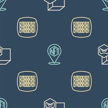 Set line NFT Digital crypto art, Binary code and on seamless pattern. Vector Stock Illustration