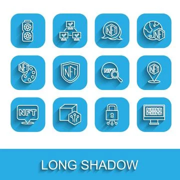 Set line NFT Digital crypto art, Video graphic card, Cyber security, Binary code Stock Illustration