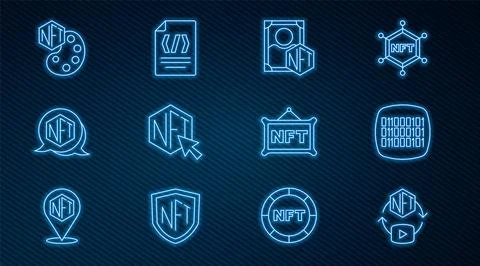 Set line NFT Digital crypto art, Binary code, and icon. Vector Stock Illustration