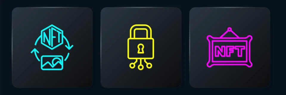 Set line NFT Digital crypto art, and Cyber security. Black square button. Vector Stock Illustration