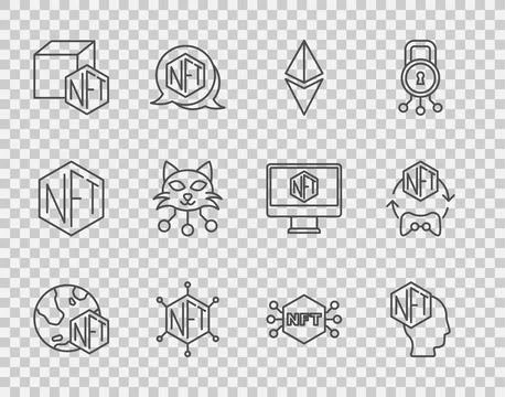 Set line NFT Digital crypto art, Ethereum ETH, blockchain technology, and icon Ilustración de archivo