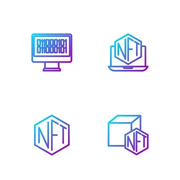 Set line NFT Digital crypto art, Binary code and Laptop with store app. Gradient Stock Illustration