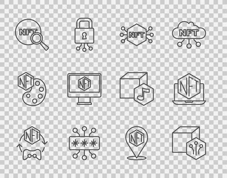 Set line NFT Digital crypto art, Cyber security, Search, Monitor with store app Stock Illustration