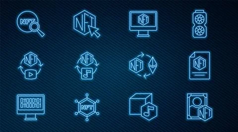 Set line NFT Digital crypto art, contract, Monitor with store app, Search Illustrazione stock