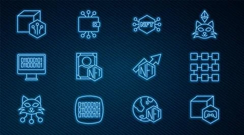 Set line NFT Digital crypto art, blockchain technology, Binary code, growth bar Stock Illustration