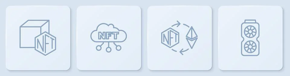 Set line NFT Digital crypto art, Ethereum exchange, cloud and Video graphic card Stock Illustration