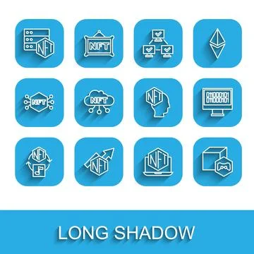 Set line NFT Digital crypto art, growth bar chart, blockchain technology, Laptop Illustration