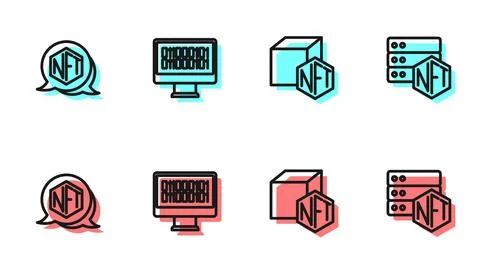 Set line NFT Digital crypto art, Binary code and blockchain technology icon Stock Illustration