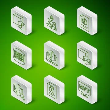 Set line NFT Digital crypto art, Document and lock, Laptop with store app 库存插图