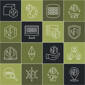 Set line NFT Digital crypto art, blockchain technology, shield, Binary code, and Stock Illustration