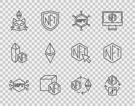 Set line NFT Digital crypto art, blockchain technology, Ethereum ETH, exchange Stock Illustration
