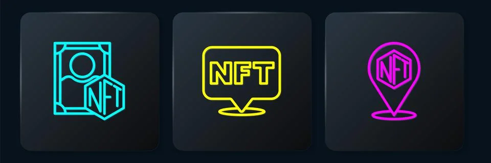 Set line NFT Digital crypto art, and . Black square button. Vector Stock Illustration