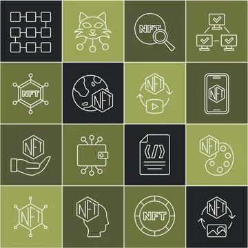 Set line NFT Digital crypto art, Mobile with store app, Search, blockchain Stock Illustration
