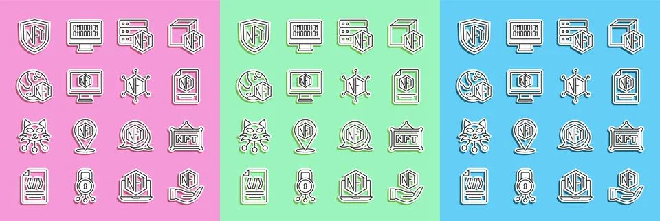 Set line NFT Digital crypto art, contract, blockchain technology, Monitor with Illustrazione stock