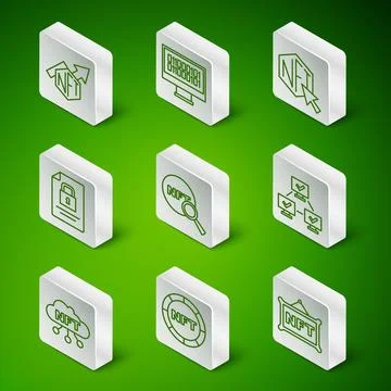 Set line NFT Digital crypto art, growth bar chart, Search, Document and lock 库存插图